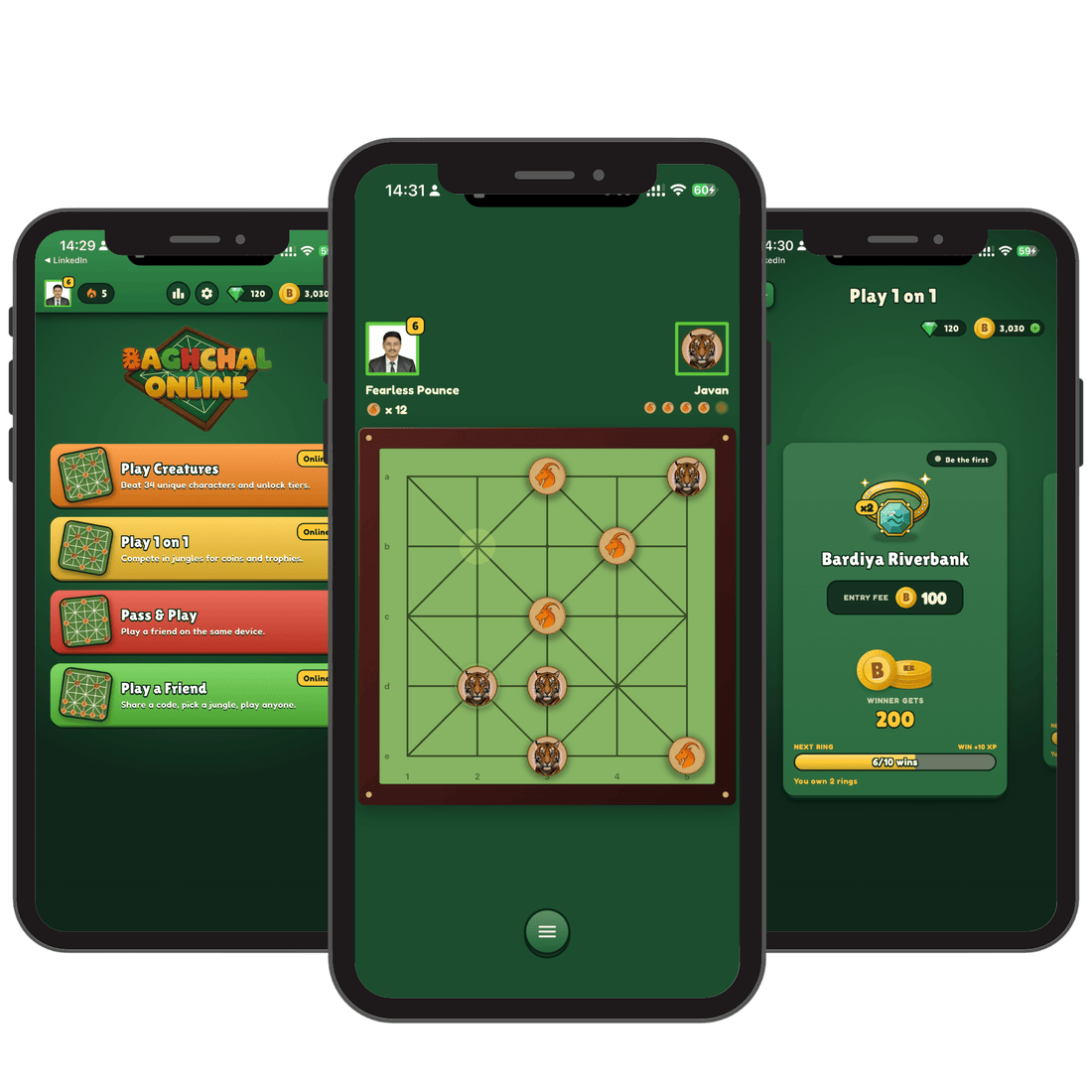 Baghchal Online, the tiger and goat board game, on a tablet and a phone